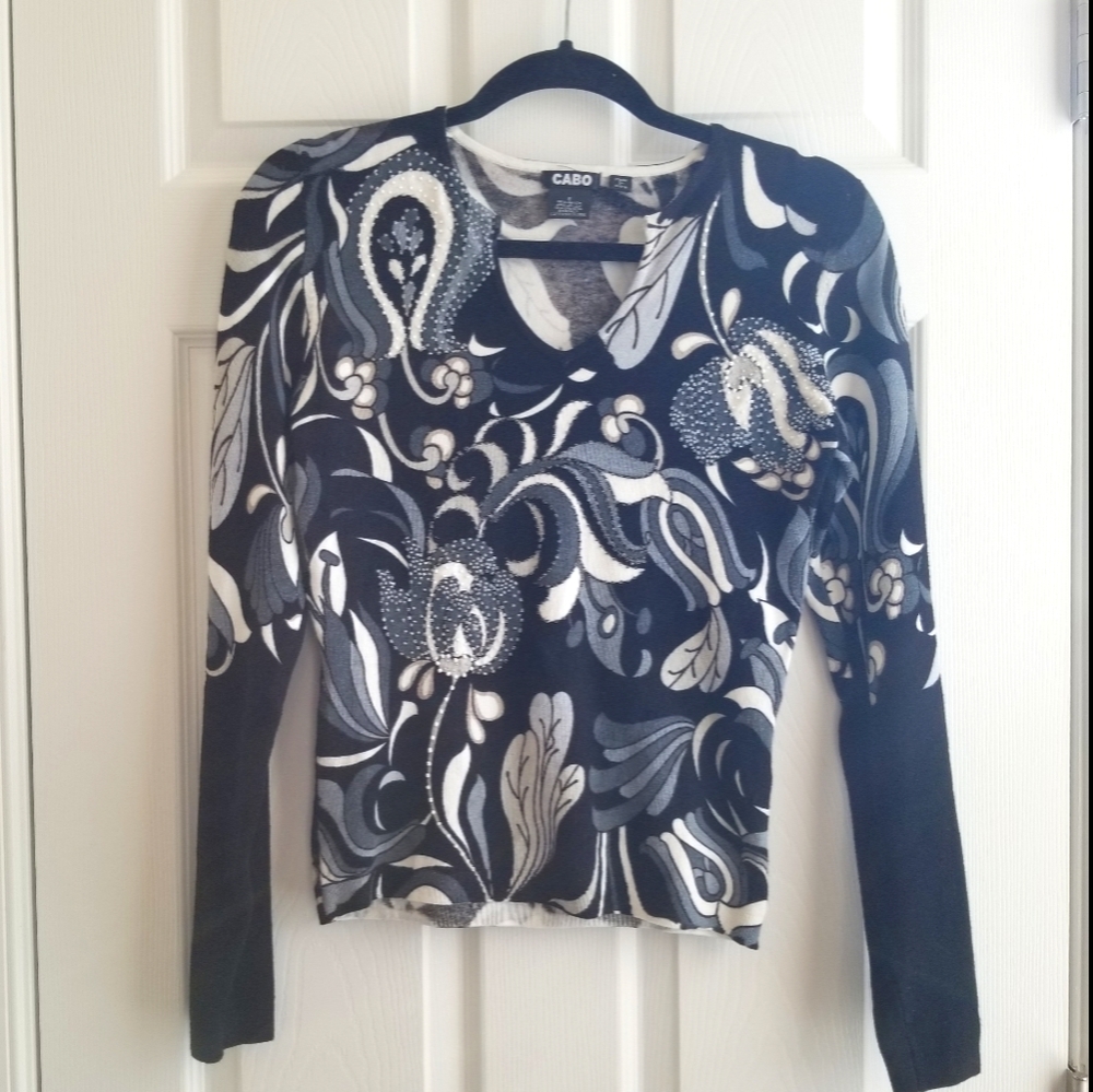 CABO Black White Gray Rayon Beaded Sweater